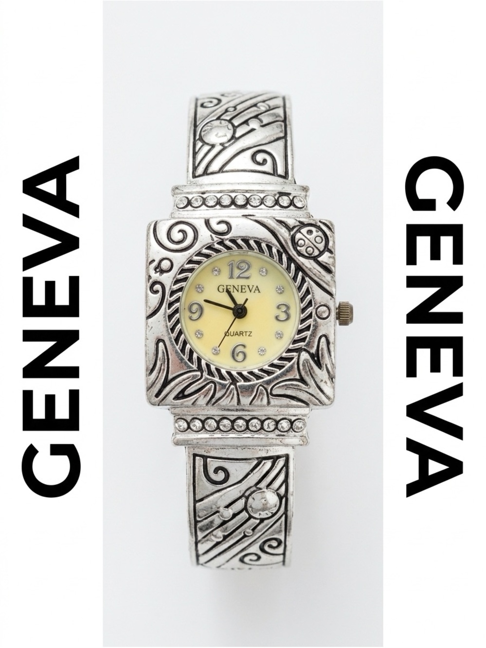 Geneva Silver-Tone Ornate Rare Vintage Floral Bracelet Watch